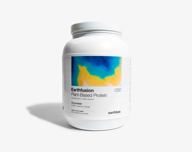 A jar of Earthfusion plant protein, vanilla flavor.