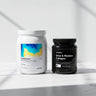 Two supplement containers, one labeled 'EarthFusion' and the other 'Glow & Restore Collagen', on a light background.