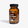 A bottle of 'Calm & Happy' supplement by Earthbar, with a label that includes the product name and branding.