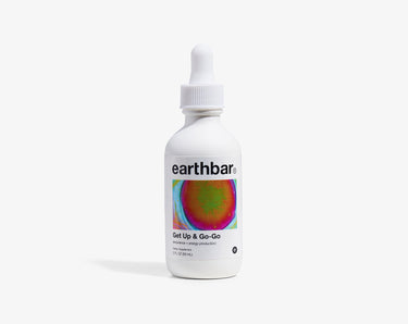 A bottle of Earthbar Get Up & Go-Go herbal tonic with a dropper, against a white background.