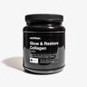 A black jar of earthbar Glow & Restore Collagen supplement on a white background.
