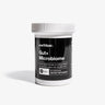 A container of Earthbar Gut + Microbiome probiotic supplement with 50 billion CFU per serving, 10 probiotic strains, in a black and white label format.