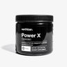 A jar of earthbar Power X pre-workout formula, which is a nutritional supplement designed to promote focus, energy, and power. The jar is black with white and silver text, and it is sealed with a black lid.