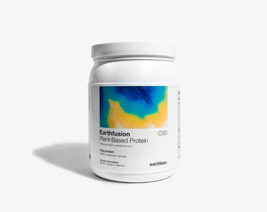 A jar of Earthfusion plant protein, vanilla flavor.